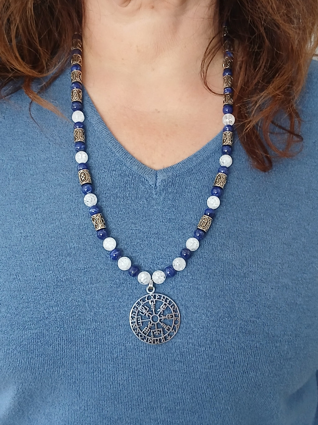 Magnifique Collier Runique Viking Lapis-Lazuli et Pendentif Vegvisir