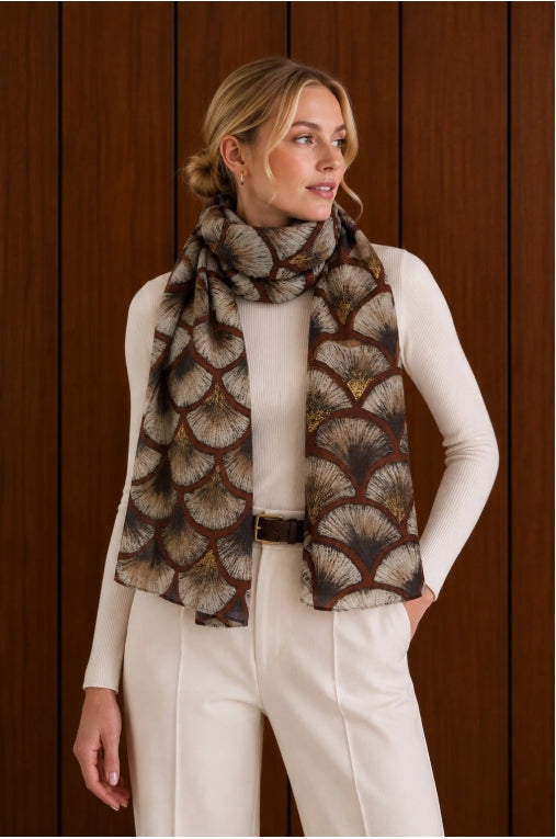 Foulard Ginkgo Brun Doré Jade & Clarisse