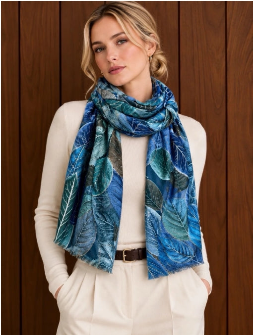 Foulard Feuillage Bleu Turquoise Jade & Clarisse