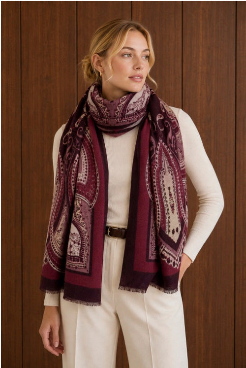 Châle Paisley Bordeaux et Rose