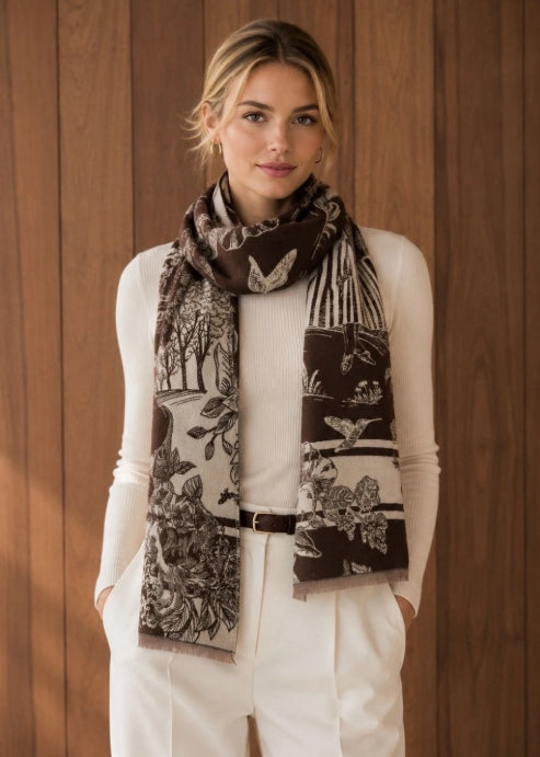Châle Echarpe Toile de Jouy Noir et Blanc Très Chaude