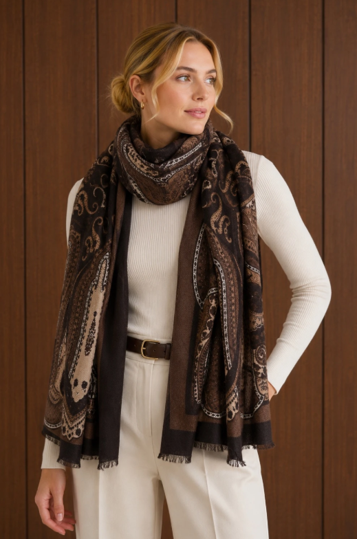 Jolie Écharpe Châle Jade et Clarisse à Motifs Cachemire Beige, Taupe et Noir, Très Douce